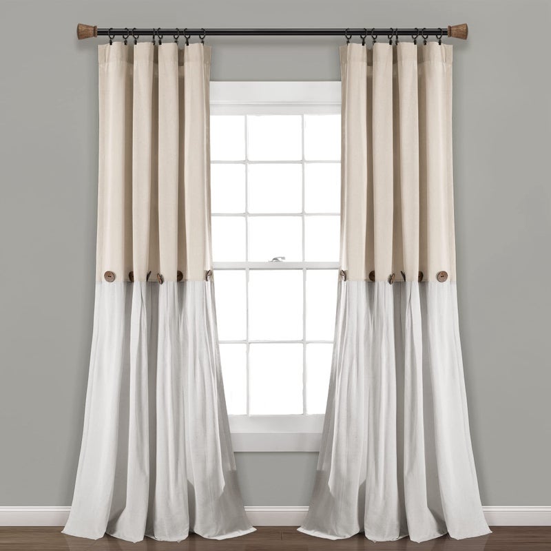 Lush Decor Linen Button Window Curtain Panel, Single, 40" W x 108" L, Linen - Country Curtains - Rustic Decor - Color Block Modern Farmhouse Curtains For Living Room, Bedroom & Dining Room - Image 1
